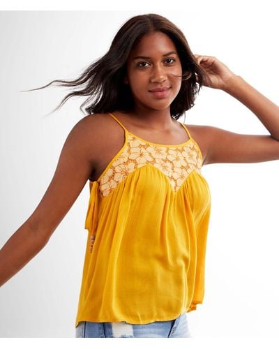Miss Me Floral Embroidered Flowy Crinkle Tank Top - Yellow