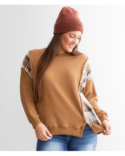 BKE Brushed Waffle Knit Top - Brown