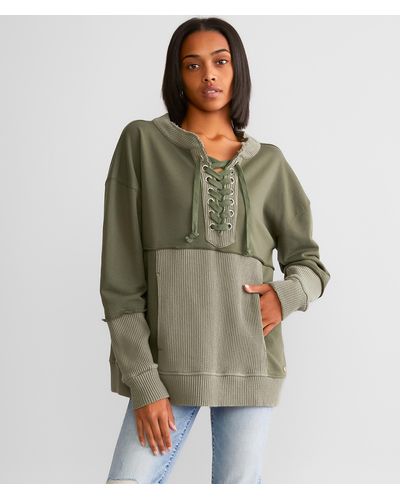 BKE Waffle Knit Lace-up Thermal Pullover - Green