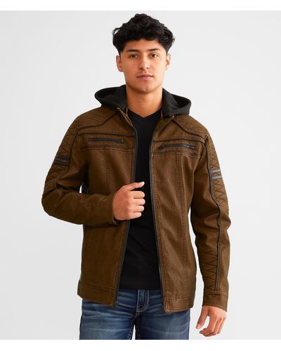 Buckle Black Faux Leather Hooded Jacket - Brown