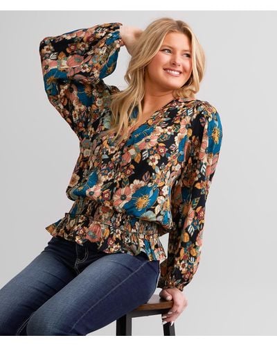 Angie Surplice Floral Crinkle Top - Blue