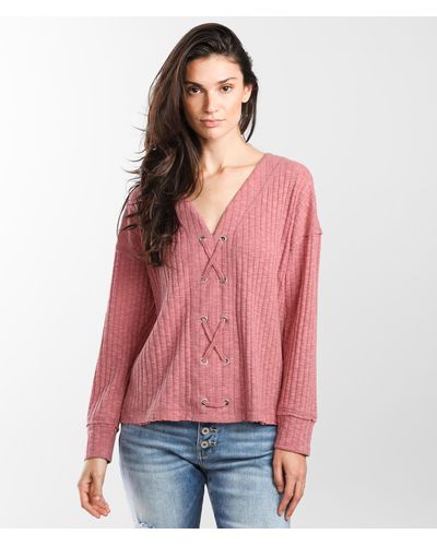 BKE Ribbed Lace-up Top - Pink