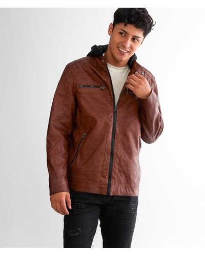 Buckle Black Hooded Faux Leather Jacket - Brown