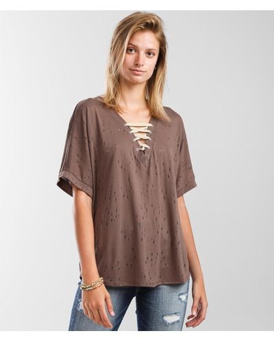 BKE Tattered Lace-up T-shirt - Brown