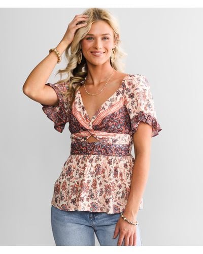 Angie Floral Front Twist Peplum Top - Pink