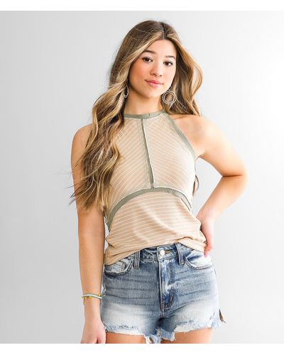 BKE Striped High Neck Tank Top - Natural