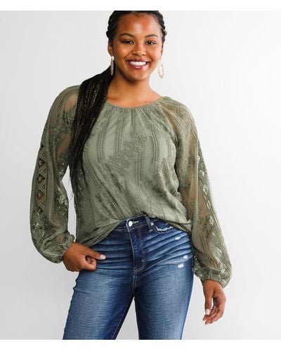 Buckle Black Floral Lace Mesh Top - Green