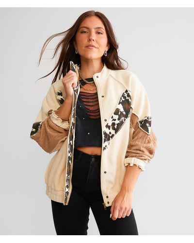 BKE Pieced Cow Print Jacket - Natural