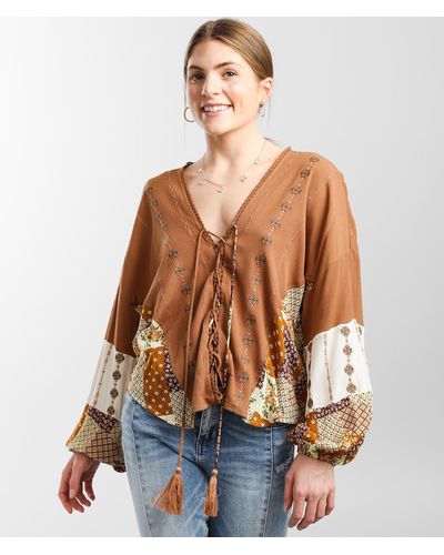 Miss Me Patchwork Lace-up Top - Brown
