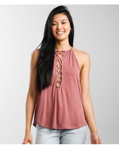 BKE High Neck Lace-up Tank Top - Red