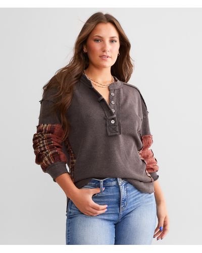 BKE Pieced Plaid Thermal Henley - Brown