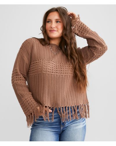 Daytrip Pointelle Fringe Sweater - Brown