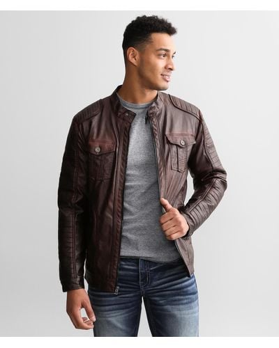 Buckle Black Distressed Faux Leather Jacket - Brown