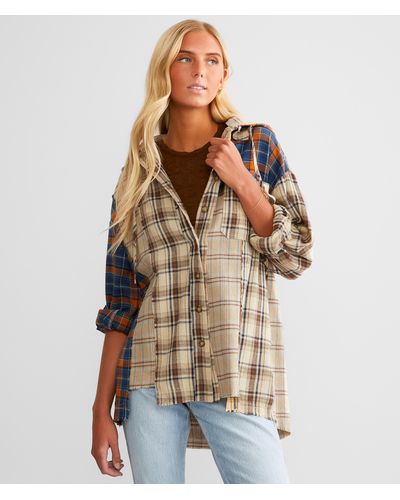 Miss Me Mixed Plaid Hooded Shirt - Brown