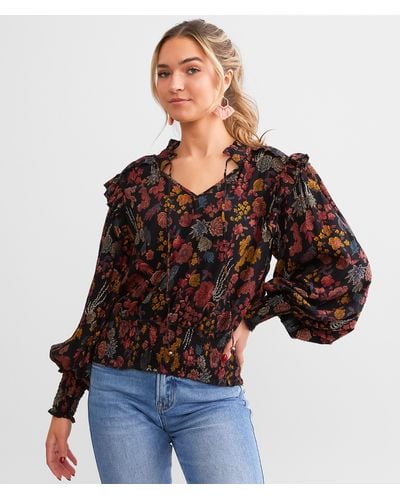 Angie Floral Ruffle Top - Brown