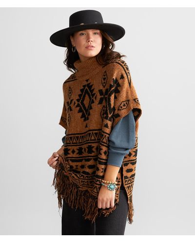BKE Aztec Print Poncho Sweater - Brown