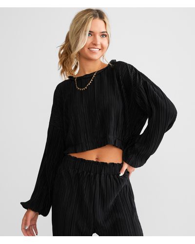 BKE Pleated Satin Cropped Top - Black