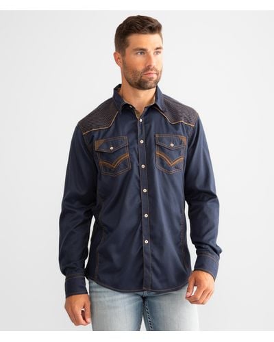 Buckle Black Embroidered Athletic Stretch Shirt - Blue