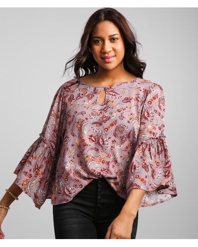 Daytrip Floral Bell Sleeve Keyhole Top - Purple