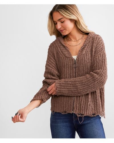 Daytrip Chenille Destructed Hooded Cardigan Sweater - Brown