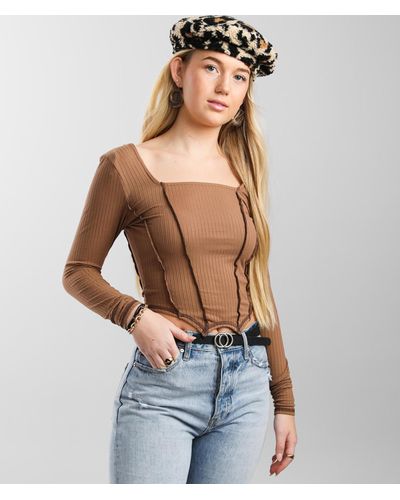 Gilded Intent Ribbed Square Neck Cropped Top - Brown