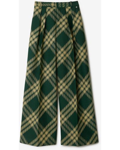 Burberry Pleated Check Wool Pants - Green