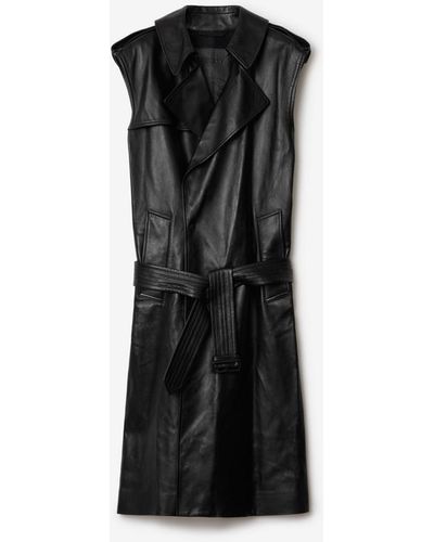 Burberry Long Sleeveless Leather Trench Coat - Black