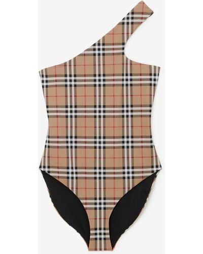 Burberry Check Stretch Nylon Asymmetric Swimsuit - Natural