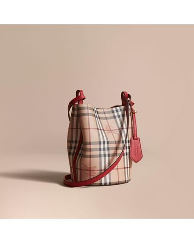 Burberry Leather And Haymarket Check Crossbody Bucket Bag Poppy Red