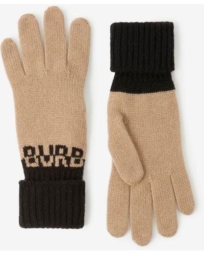 Burberry Logo Intarsia Two-tone Cashmere Gloves - Natural