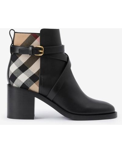 Burberry Pryle House Check & Leather Ankle Boots - Black