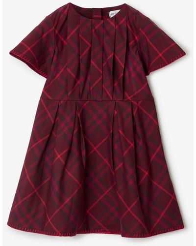 Burberry Pleated Check Cotton Dress - Red