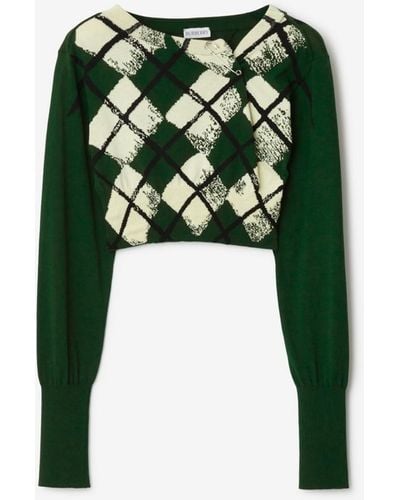 Burberry Cropped Argyle Cotton Sweater - Green