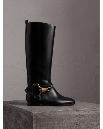 Burberry Equestrian Detail Leather Riding Boots - Black