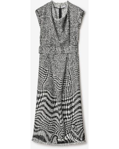 Burberry Warped Houndstooth Linen Blend Dress - Gray