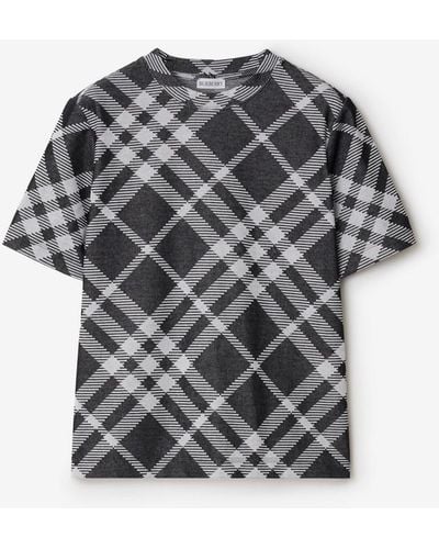 Burberry Check Stretch Cotton Blend T-shirt - Gray
