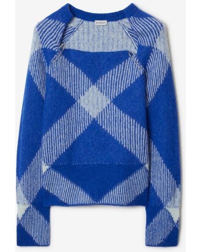 Burberry Check Alpaca Wool Blend Sweater - Blue