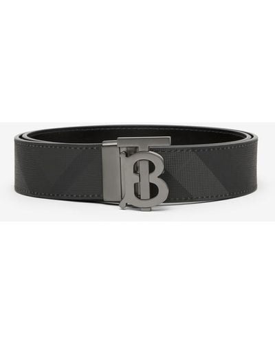 Burberry Check And Leather Reversible Tb Belt - Black