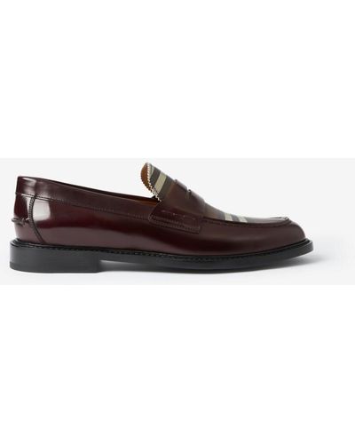 Burberry Check Panel Leather Penny Loafers - Brown