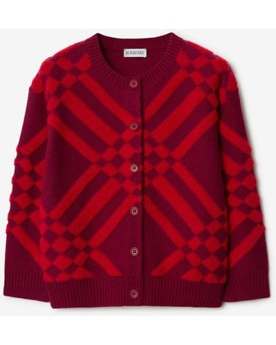 Burberry Check Wool Cashmere Cardigan - Red