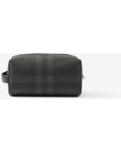 Burberry Charcoal Check And Leather Travel Pouch - Gray