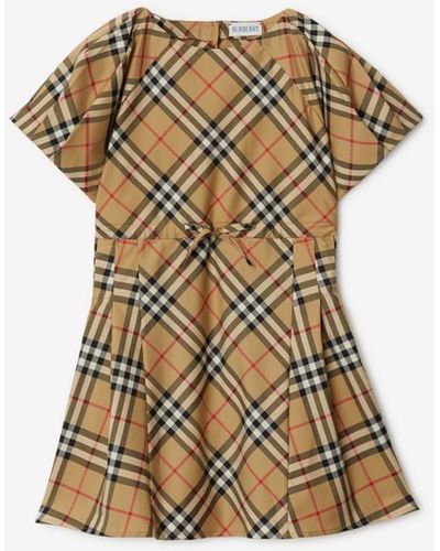 Burberry Pleated Check Stretch Cotton Dress - Natural