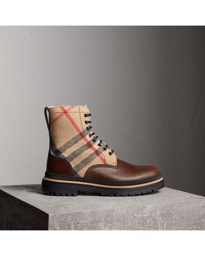 Burberry Shearling-lined Leather And Check Boots - Multicolor