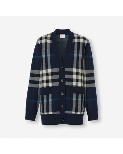 Burberry Check Wool Cashmere Cardigan - Blue