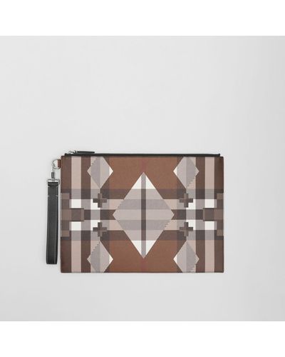 Burberry Geometric Check And Leather Large Zip Pouch - Brown