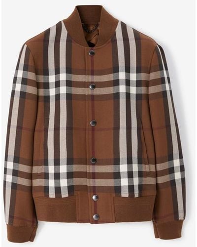 Burberry Check Wool Cotton Bomber Jacket - Brown