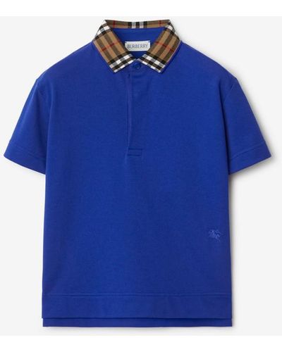 Burberry Check Collar Cotton Polo Shirt - Blue