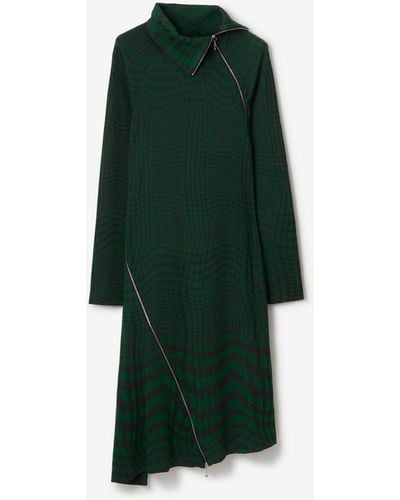 Burberry Warped Houndstooth Wool Blend Dress - Green