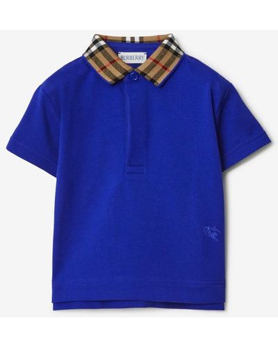 Burberry Check Collar Cotton Polo Shirt - Blue