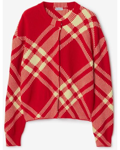 Burberry Check Wool Blend Cardigan - Red